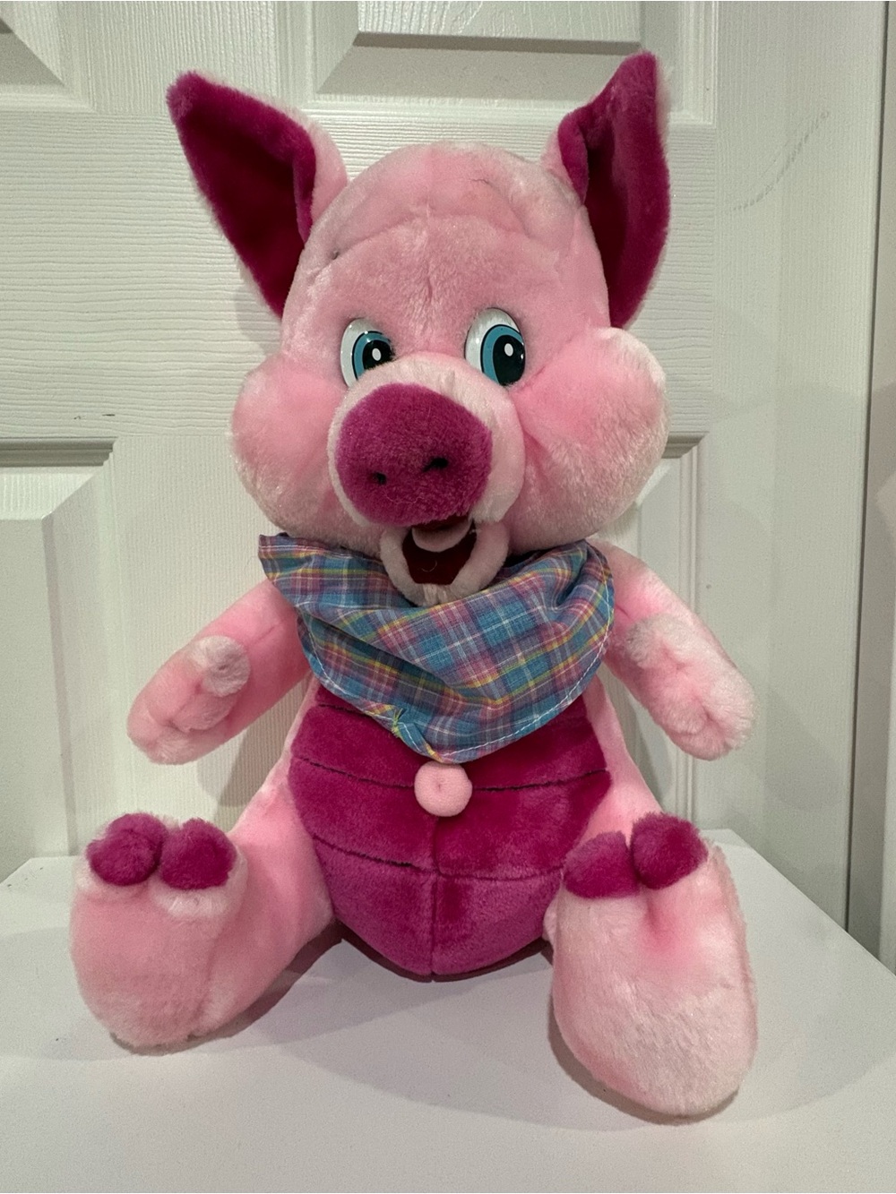 Vintage Pink Plush Pig with Plaid Bandana